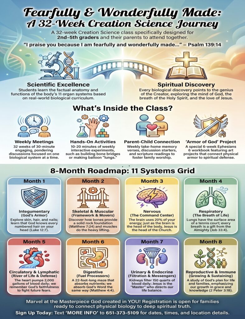 Poster advertising a 32-week Creation Science class for 2nd–5th graders with science and faith themes.