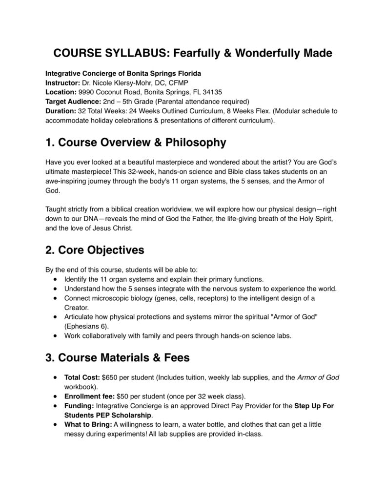 Course syllabus page titled 'COURSE SYLLABUS: Fearfully & Wonderfully Made' with sections for Overview, Core Objectives, and Materials & Fees, including instructor and location details on the page header.