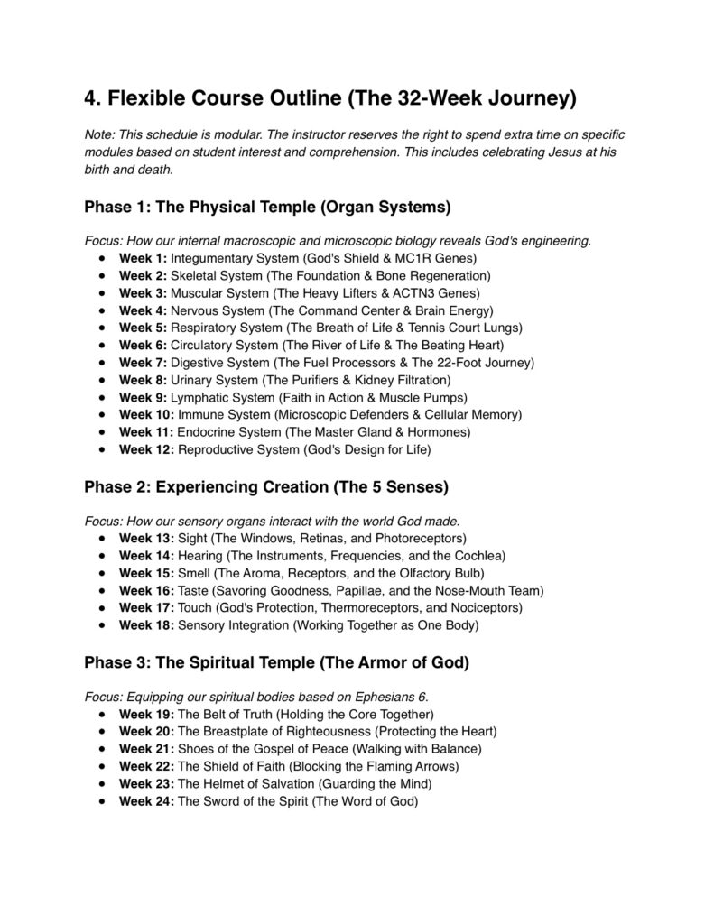 Course outline titled'Flexible Course Outline (The 32-Week Journey)' detailing Phase 1–3 weeks and weekly focuses on body systems and senses with bullet weeks 1–24 and notes on schedule flexibility.