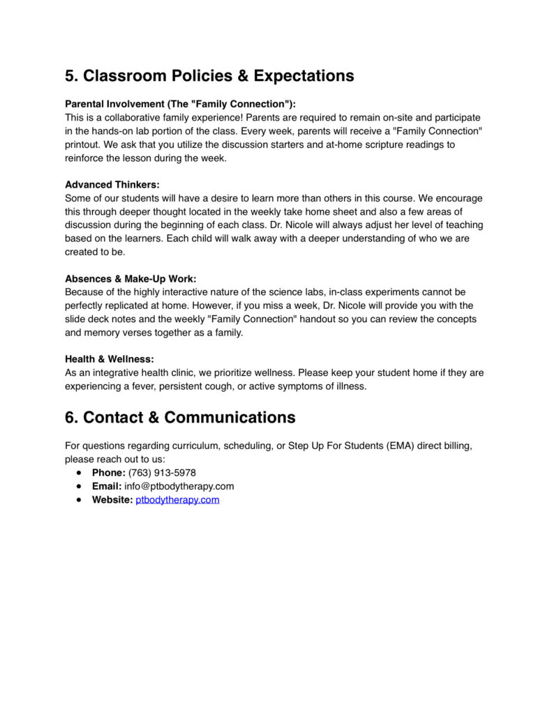 Page titled'5. Classroom Policies & Expectations' with subsections on Parental Involvement, Advanced Thinkers, Absences & Make-Up Work, Health & Wellness, and a '6. Contact & Communications' section.