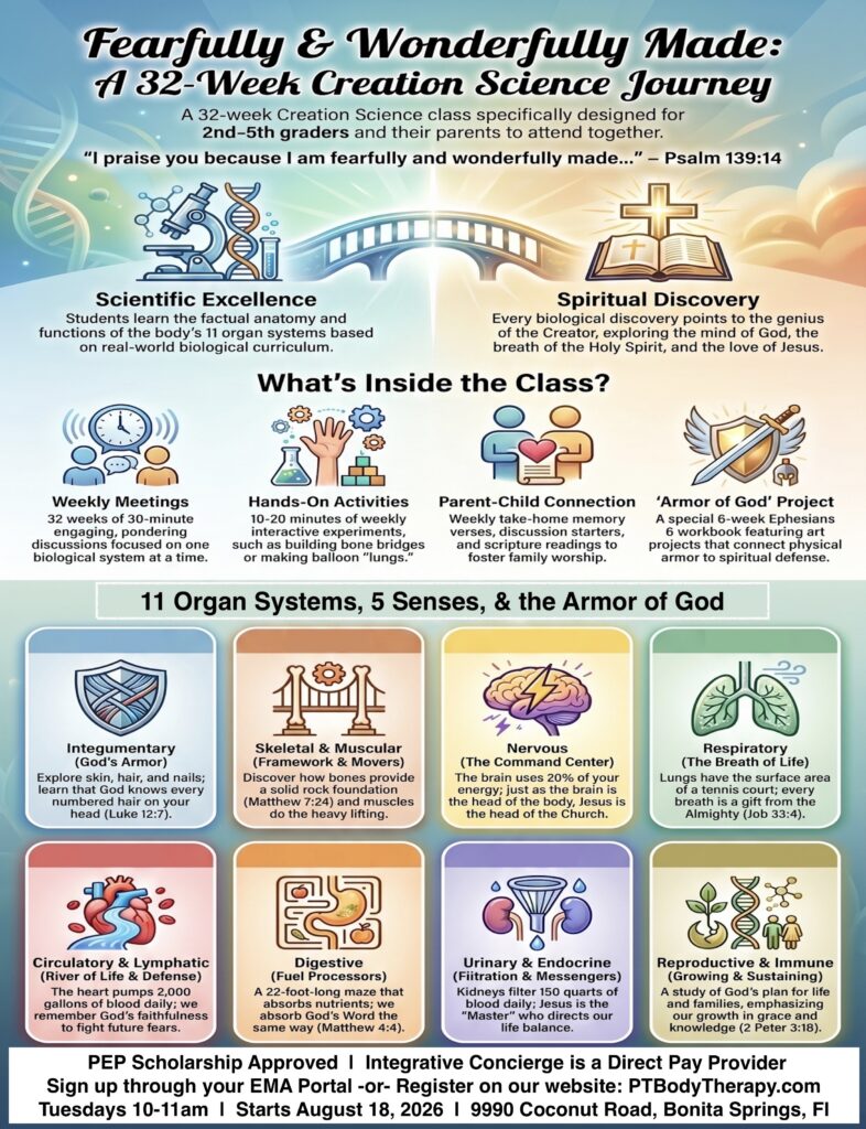 Poster advertising a 32-week Creation Science journey for 2nd–5th graders and families, with themes of scientific excellence and spiritual discovery.